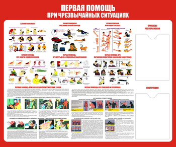 С19 Стенд первая помощь (при чрезвычайных ситуациях) (1200х1000мм, пластик ПВХ 3 мм, карманы, Прямая печать на пластик) - Стенды - Стенды по первой медицинской помощи - магазин "Охрана труда и Техника безопасности"
